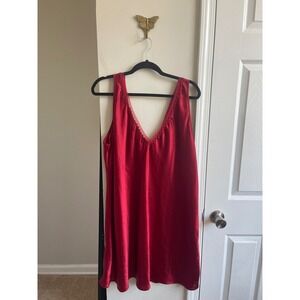 Delicates Red Satin Chemise Nightgown V-Neck Mesh Trim Sleepwear Slip Dress